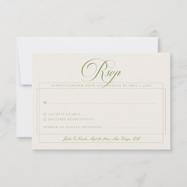 Cartons Réponse Mariage Calligraphie Ivoire Vert Olive Classique (Devant)