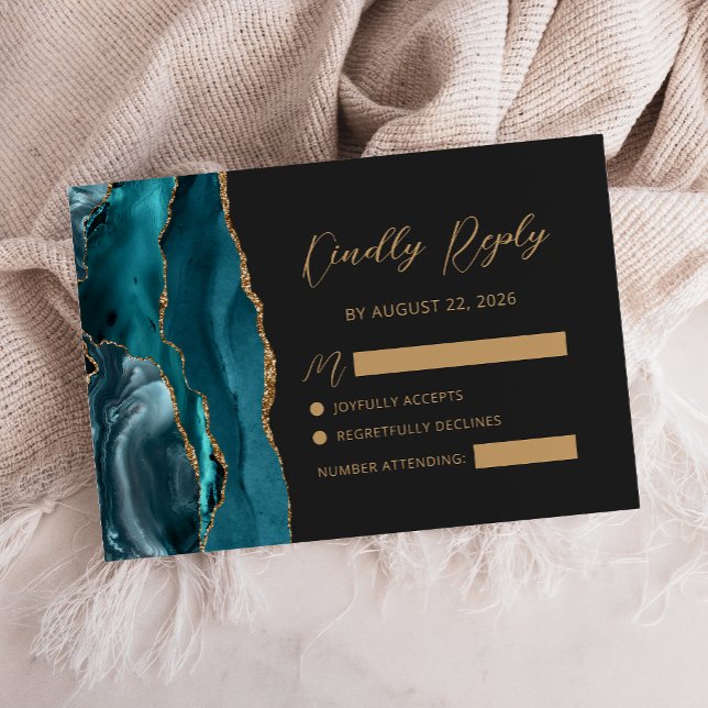 Cartons Réponse Mariage Calligraphié Or et Agate Bleu Turquoise (Créateur téléchargé)