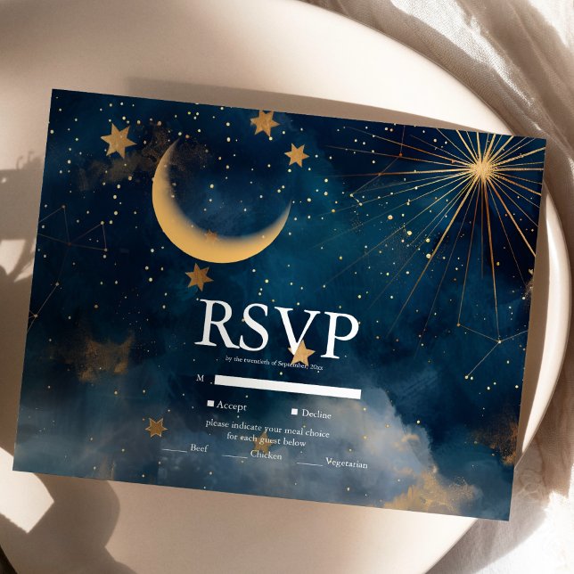 Cartons Réponse Mariage Céleste Étoiles Bleu Minuit Lune (Créateur téléchargé)