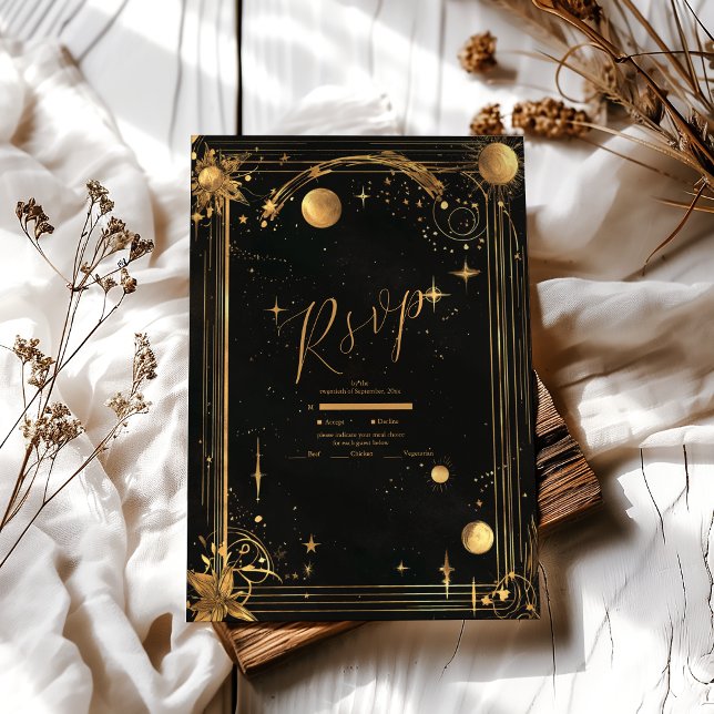 Cartons Réponse Mariage Céleste Minuit Étoiles Lune Noire (Créateur téléchargé)