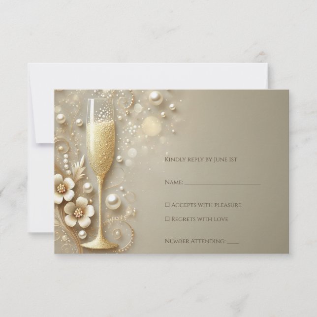 Cartons Réponse Mariage Champagne & Perle (Devant)