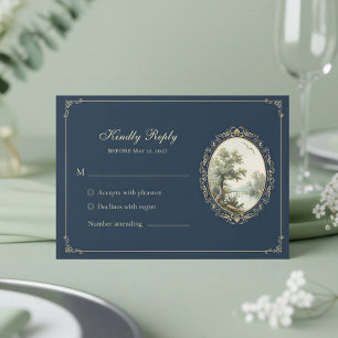 Cartons Réponse Mariage champêtre français bleu marine et or