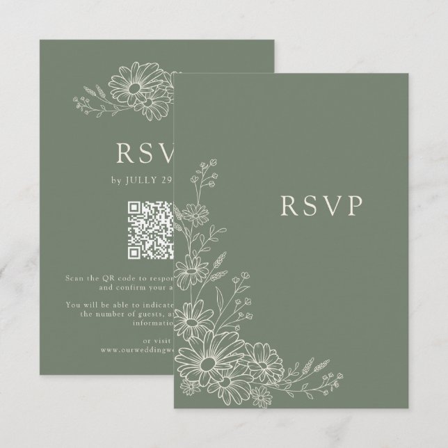 Cartons Réponse Mariage chic avec code QR botanique Daisy vert sau (Devant / Derrière)