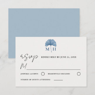 Cartons Réponse Mariage chic avec monogramme botanique bleu poussi