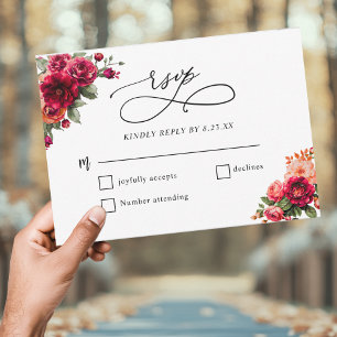 Cartons Réponse Mariage chic rouge rose floral et or faux