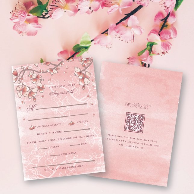 Cartons Réponse Mariage chinois à deux fleurs de pêche (Pink Peach/Plum Blossoms Double Happiness Elegant Chinese Wedding RSVP Card @ fatfatin_red_knot)