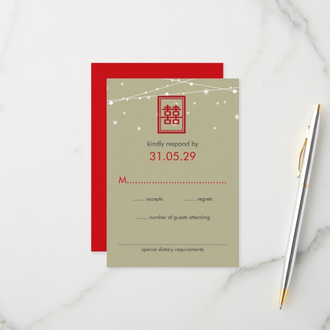 Cartons Réponse Mariage chinois double bonheur lumières de fée RSV (Devant/Arrière en situation)