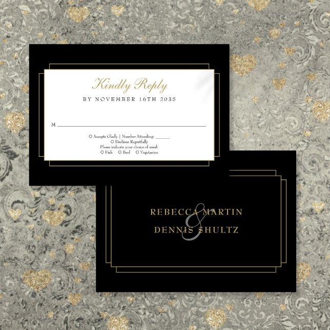 Cartons Réponse Mariage classique Art déco noir et or (Classic Art Deco Black and Gold Wedding RSVP Card)