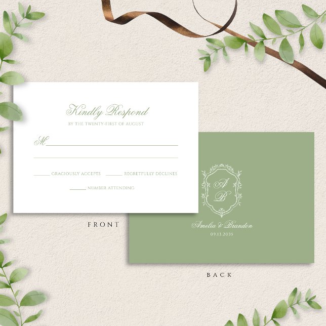 Cartons Réponse Mariage classique au vert sauge avec monogramme fl (Créateur téléchargé)
