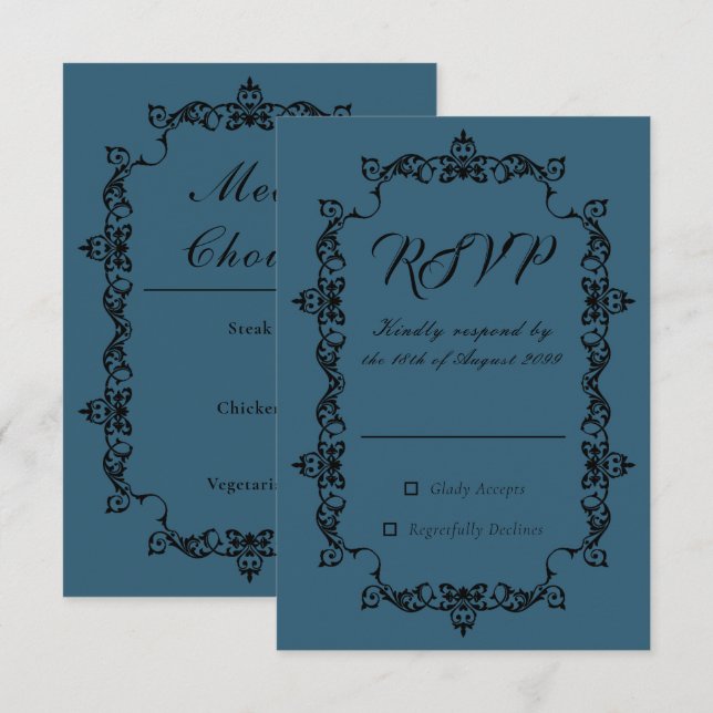 Cartons Réponse Mariage Classique Bleu Téâl Foncé Orné Cadre (Devant / Derrière)