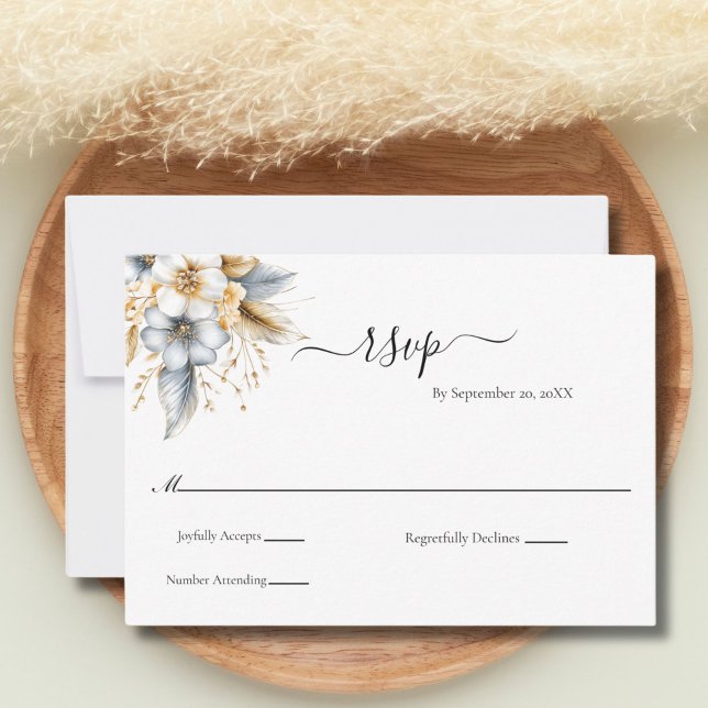 Cartons Réponse Mariage Classique Botanique Floral Argent Or (Gold Silver Floral Botanical Elegant Wedding RSVP Card)