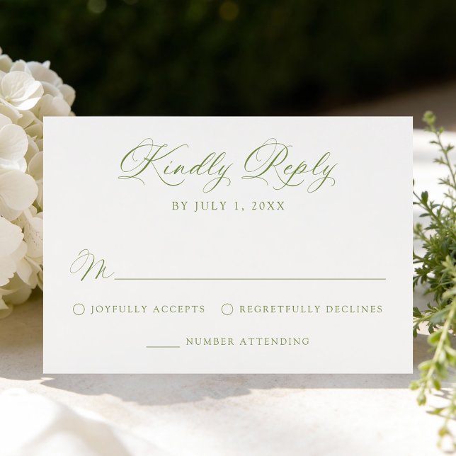 Cartons Réponse Mariage Classique Calligraphié en Vert Olive (Créateur téléchargé)