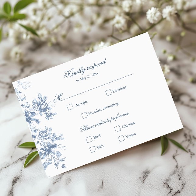 Cartons Réponse Mariage Classique Fleurs et Rubans Bleu Français (Créateur téléchargé)