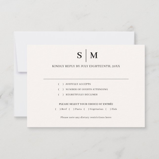 Cartons Réponse Mariage Classique Monogramme Simple Blanc Ivoire (Devant)