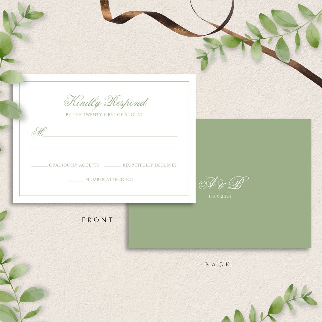Cartons Réponse Mariage Classique Monogramme Vert Sauge Réel Scrip (Créateur téléchargé)