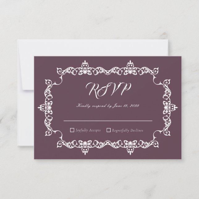 Cartons Réponse Mariage Classique Velours Violet Orné Cadre (Devant)