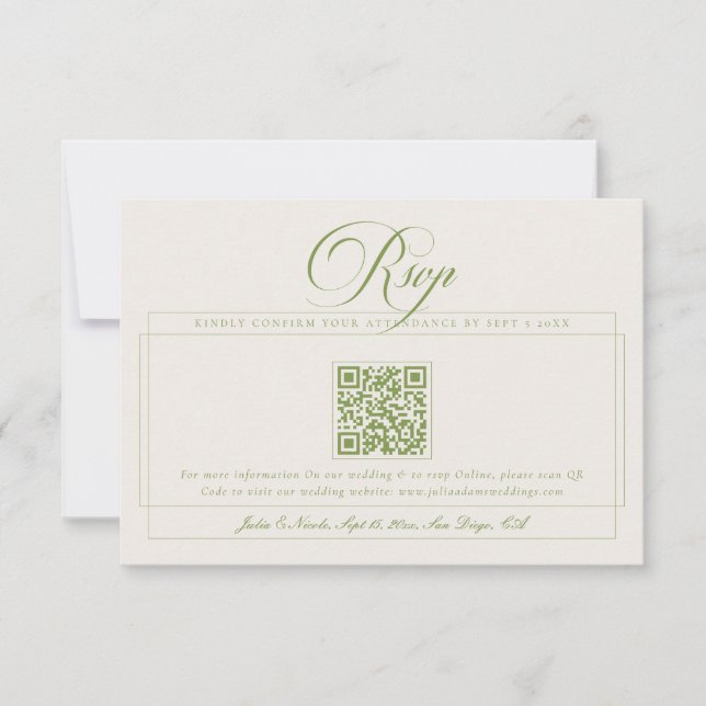 Cartons Réponse Mariage Classique Vert Ivoire Calligraphie QR Code (Devant)