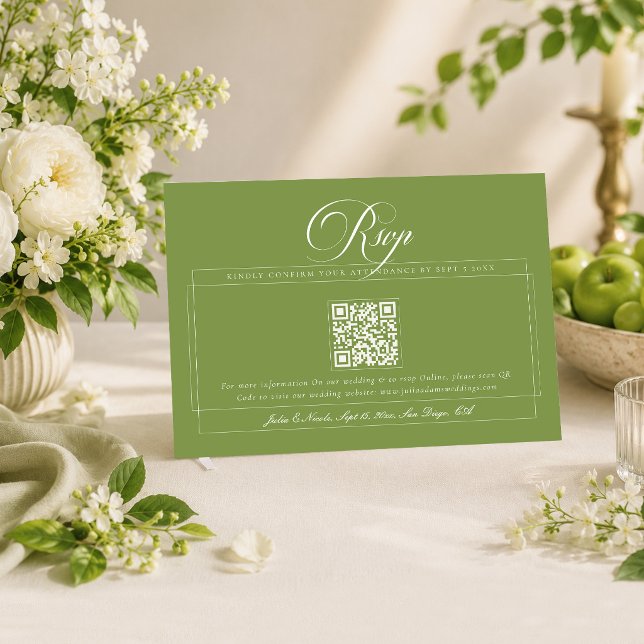 Cartons Réponse Mariage Classique Vert Ivoire Calligraphie QR Code (Créateur téléchargé)