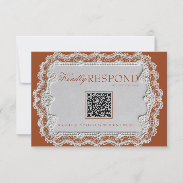 Cartons Réponse Mariage Code QR à la Dentelle Terracotta Orange Br (Devant)