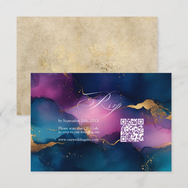 Cartons Réponse Mariage Code QR à l'encre alcoolique Violet, Bleu  (Devant / Derrière)