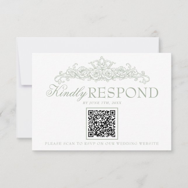 Cartons Réponse Mariage Code QR Argent Vieilli Vert Sauge (Devant)