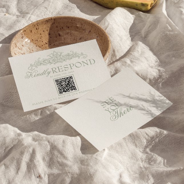 Cartons Réponse Mariage Code QR Argent Vieilli Vert Sauge (Créateur téléchargé)
