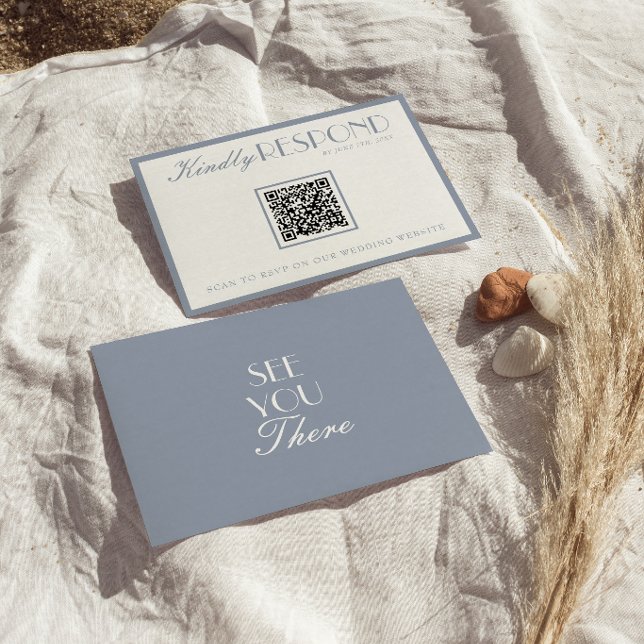 Cartons Réponse Mariage Code QR Bleu Poussiéreux Argent Ancien Rét (Créateur téléchargé)