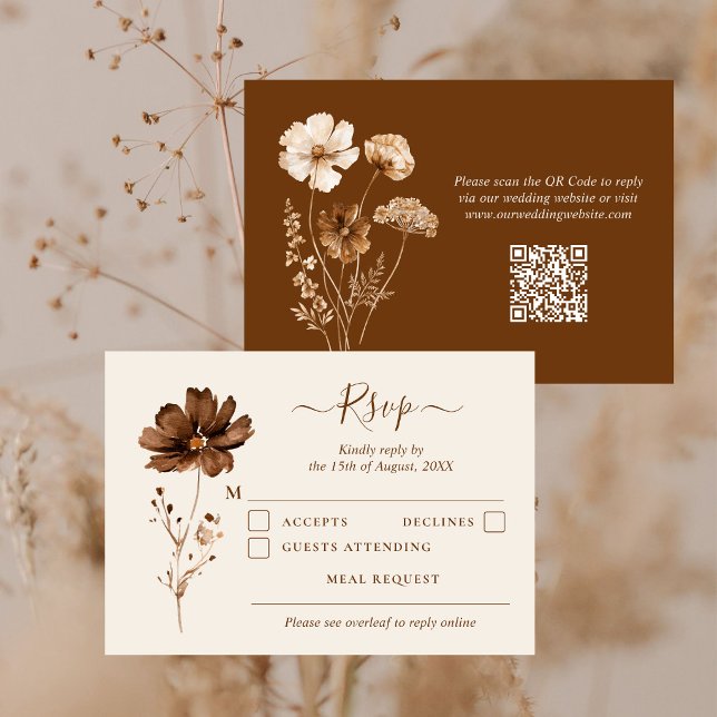 Cartons Réponse Mariage Code QR Bohème Fleurs Sauvages Séchées Ton (Créateur téléchargé)