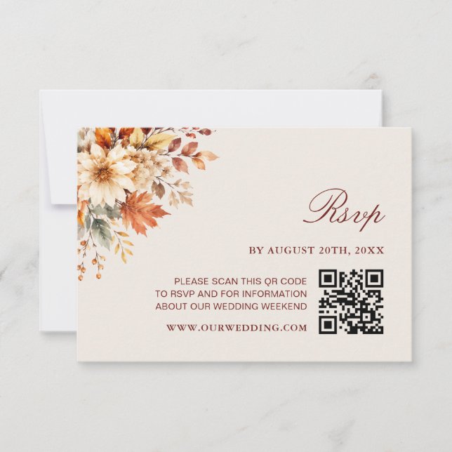 Cartons Réponse Mariage Code QR Botanique Automne Feuilles d'Autom (Devant)