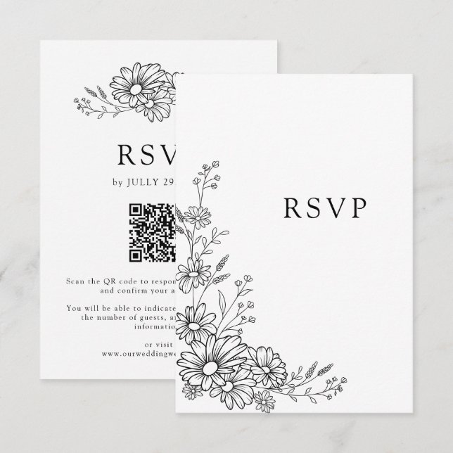 Cartons Réponse Mariage code QR botanique Daisy noir et blanc (Devant / Derrière)