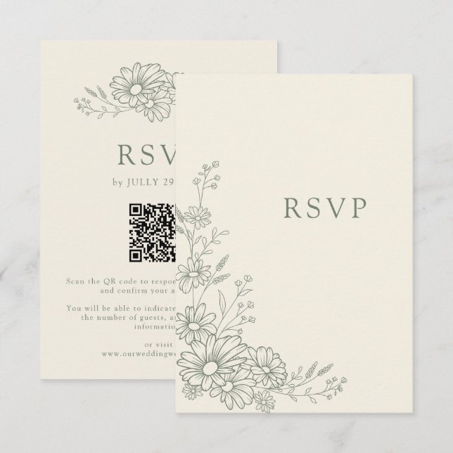 Cartons Réponse Mariage Code QR Botanique Daisy Vert Sauge (Devant / Derrière)
