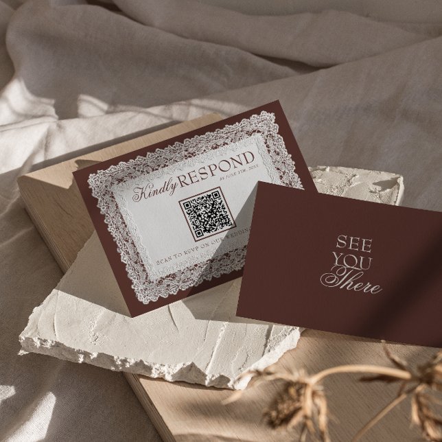 Cartons Réponse Mariage Code QR Brun Chocolat Dentelle Vieille For (Créateur téléchargé)