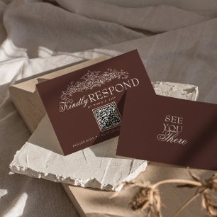 Cartons Réponse Mariage Code QR Chocolat Brun Vintage Ancien Argen