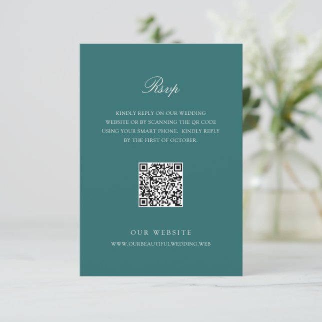 Cartons Réponse Mariage Code QR Classique Teal Ancien Argent (Debout devant)