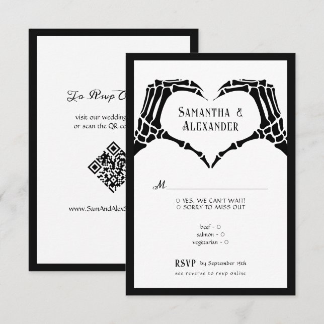 Cartons Réponse Mariage Code QR de Mains de Squelette Gothique Jus (Devant / Derrière)