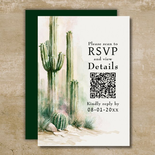 Cartons Réponse Mariage Code QR Désert Sud-Ouest Cactus Aquarelle (Watercolor Cactus Southwest Desert QR Code Wedding RSVP Card)