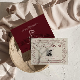 Cartons Réponse Mariage code QR Fancy Floral Bourgogne Argent anci