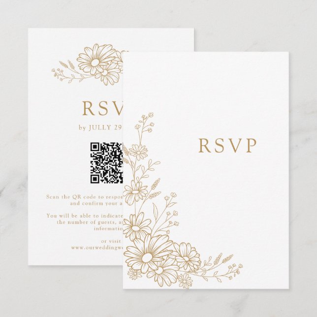 Cartons Réponse Mariage Code QR Fleur de Pâquerette Botanique Or e (Devant / Derrière)
