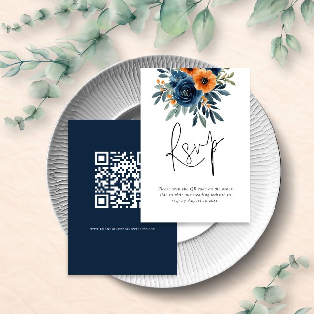 Cartons Réponse Mariage Code QR Fleurs Orange Brûlé Bleu Marine (Créateur téléchargé)
