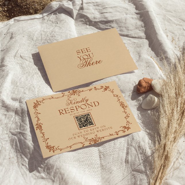 Cartons Réponse Mariage Code QR Floral Orange Brûlé Terracotta (Créateur téléchargé)