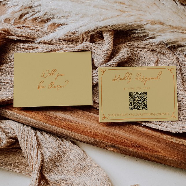 Cartons Réponse Mariage Code QR Manuscrit Orange Jaune Rétro (Créateur téléchargé)