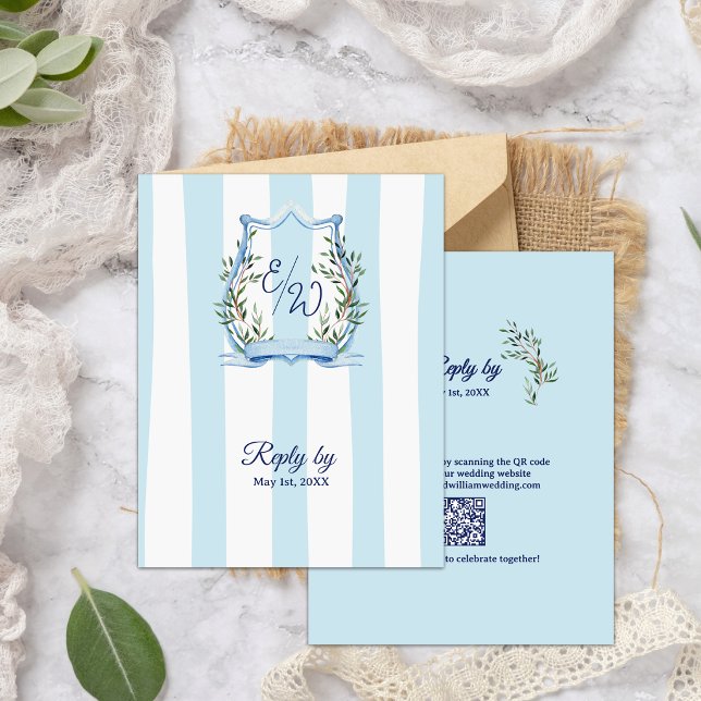 Cartons Réponse Mariage Code QR Monogramme Jardin à Rayure Bleue (Blue Stripe Garden Monogram QR Code Wedding RSVP Card | French Country Dusty Blue)