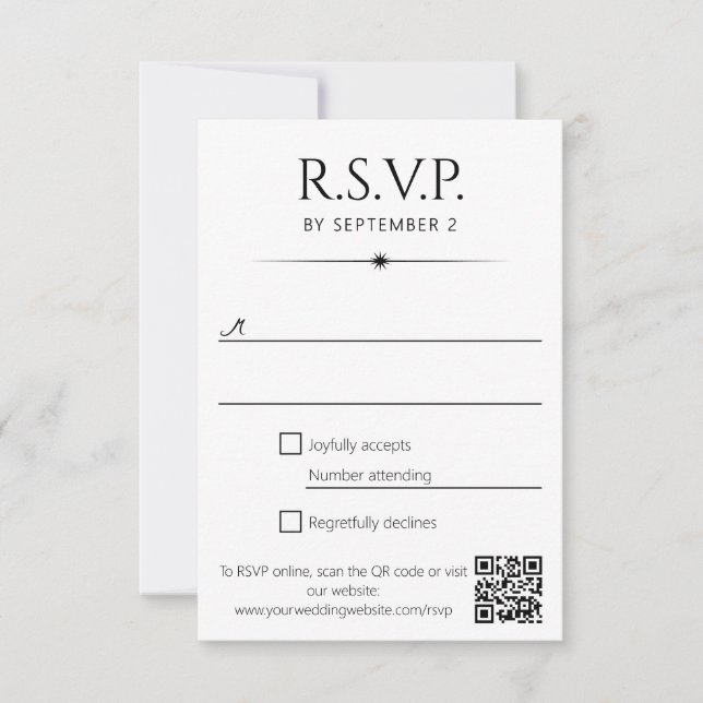 Cartons Réponse Mariage Code QR Noir Blanc Flare Élégant (Devant)