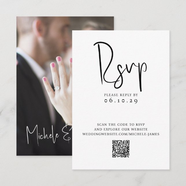 Cartons Réponse Mariage Code QR Photo Typographie Script Minimal (Devant / Derrière)