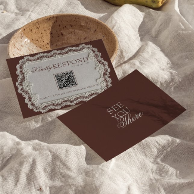Cartons Réponse Mariage Code QR Rétro Dentelle Brun Chocolat Vinta (Créateur téléchargé)