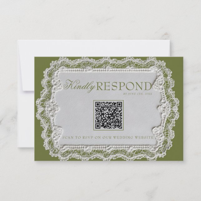 Cartons Réponse Mariage Code QR Rétro en Dentelle Vert Olive Vinta (Devant)
