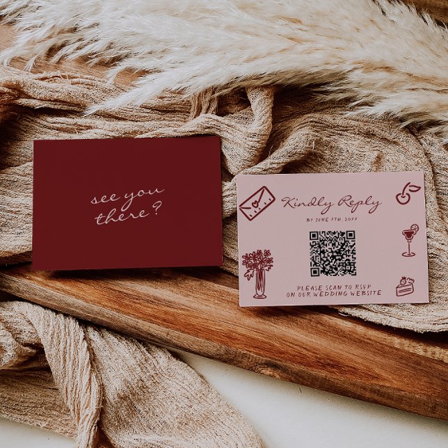 Cartons Réponse Mariage Code QR Romantique Burgundy Rose Dessiné à (Créateur téléchargé)