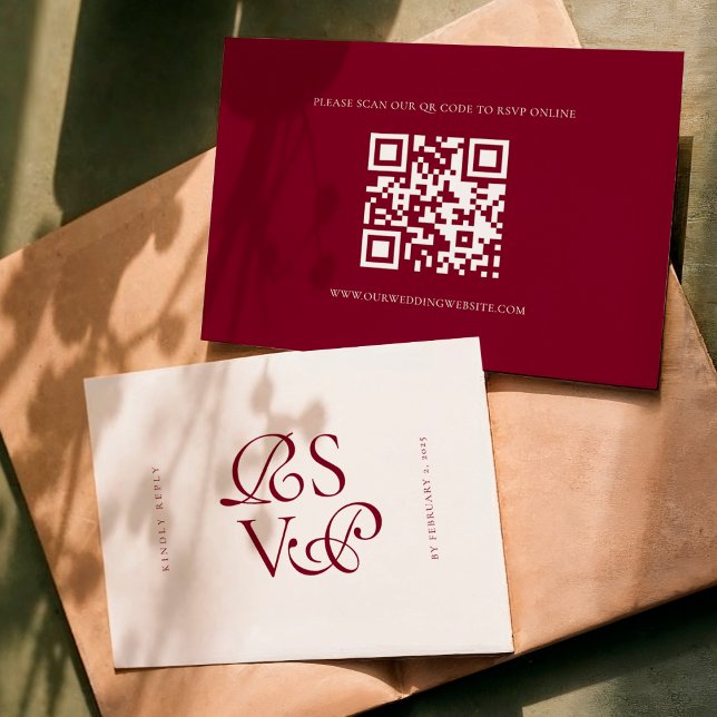 Cartons Réponse Mariage Code QR Script Bourgogne Profond Minimal (Créateur téléchargé)
