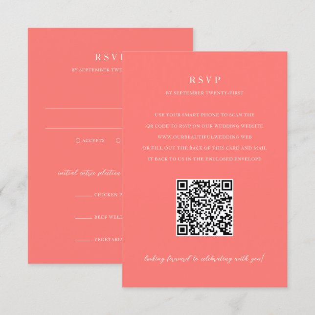 Cartons Réponse Mariage Code QR Simple Corail Vibrant Moderne Gras (Devant / Derrière)