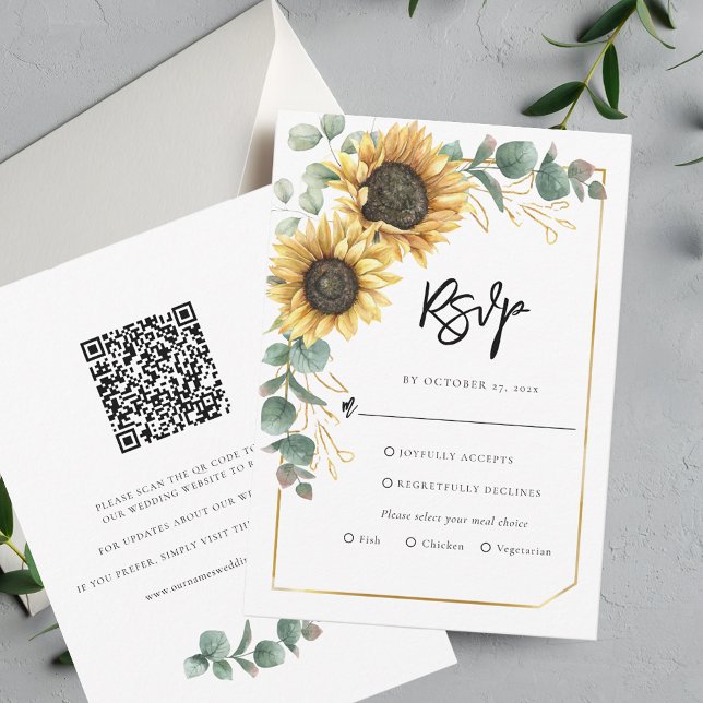 Cartons Réponse Mariage Code QR Tournesol Écriture Florale (Floral Sunflower Eucalyptus Greenery Wedding RSVP Card)